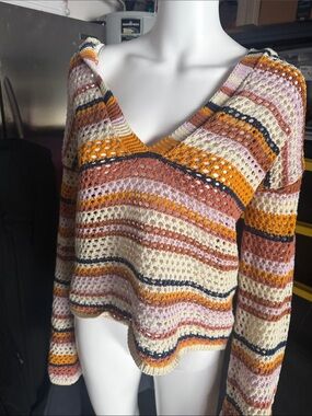 Striped Open-Knit V-Neck Sweater in Cream, Mustard & Dusty Pink